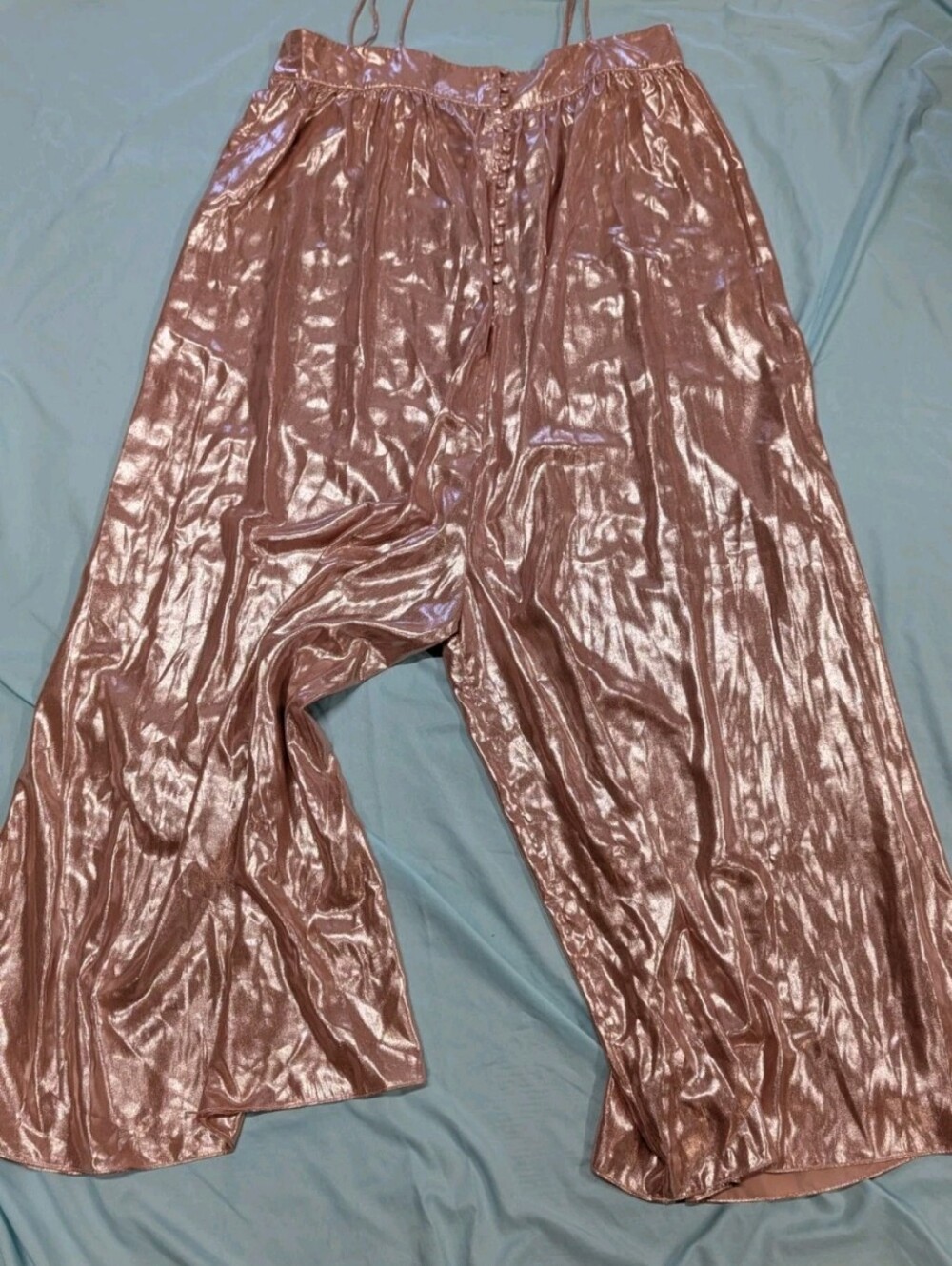 Zara RoseRose gold metallic, pleated, high-waist, super wide leg Trouser